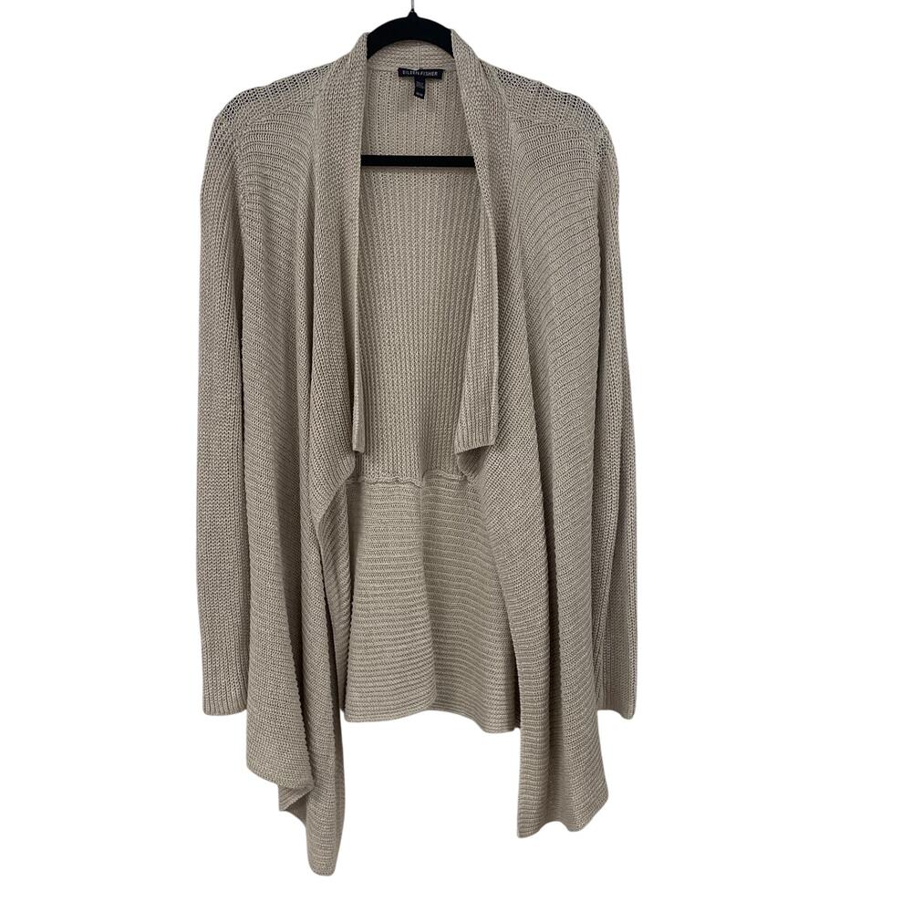 Eileen Fisher Organic Linen Knit Open Front Draped Cardigan Beige Womens Medium